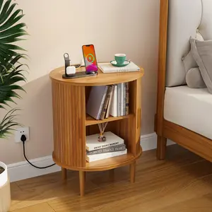 DHH Modern Yellow Oak Oval Nightstand with Charging Station, Aesthetic Bedside Table with Power Outlets, Versatile Fluted End Table for Living Room, Bedroom & Entryway