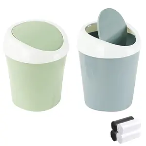 zhengwanhh09j 2 Pcs Mini Desktop Plastic Wastebasket with Swing Lid, Includes 120 Trash Bags, Small Garbage Can for Home, Office, Bathroom & Vanity (Blue + Green)
