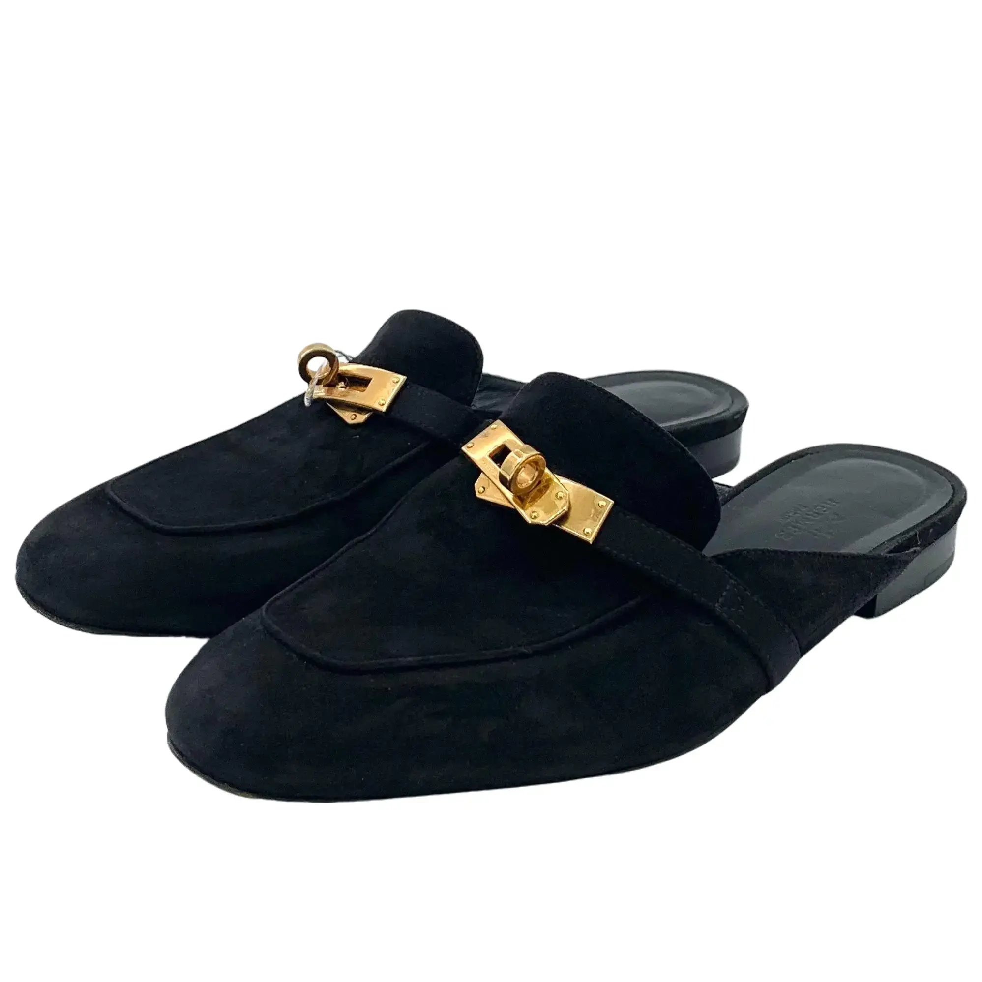 RDLT-Hermès Size 38 Oz Black Leather Silver‑Buckle Casual Flat Mule Slides-J35508-H35508