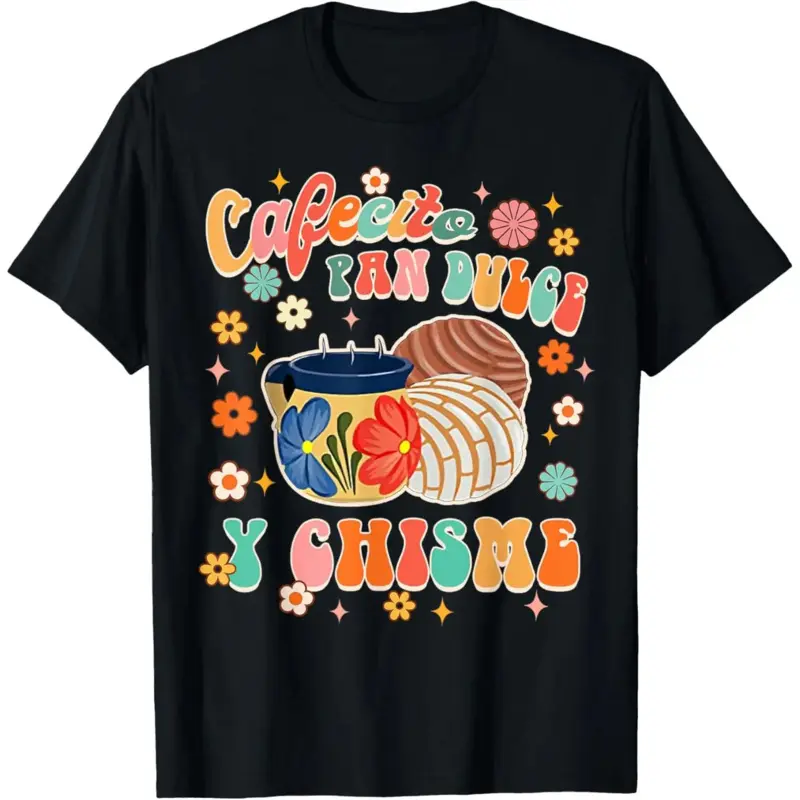 Women's Cotton Short-Sleeve Round Neck T-Shirt - Streetwear Graphic Print Casual, Funky, Sporty Sports Top with Cafecito, Pan Dulce, Chisme, Mexican Latina Concha Groovy Designs for Outdoor Activities (Multi-Size), Funky Sports Tops