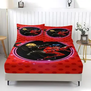 3-Piece Ladybug Reddy Pattern Fitted Sheet Set, Soft And Durable Bedding Set, Includes 1 Piece Flat Sheet And 2 Pieces Pillowcases, Everyday Holiday Birthday Gift Bedroom Decorations For Kids And Adults