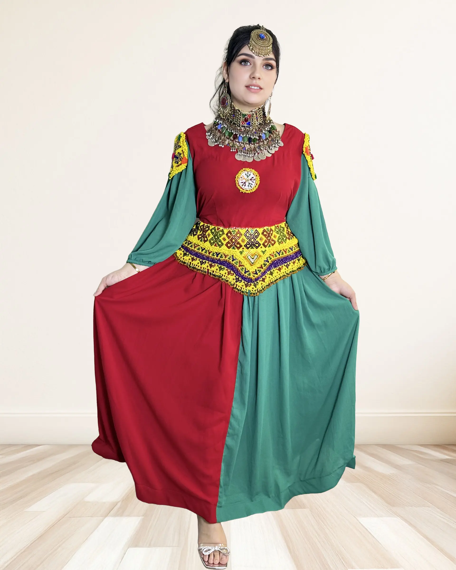 Women's Modest Red and Green Long-Sleeve Afghan Wedding Dress with Yellow Embroidered Waist, Formal Adult Wedding Costume, Stylish Women's Clothes