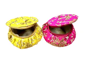 Beautiful Matki Style Pink & Yellow Gift Boxes With Golden Embroidery Set Of 2 Diwali Gifts | Handmade Box | Indian Bridesmaid Box | Wedding Favor | Marriage Gift | Shagun Box | Gota Boxes