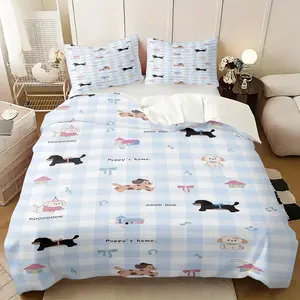 Cute Cartoon Puppy Duvet Cover Sets,Blue White Gingham Dog Print Bedding Sets,Includes 1 Duvet Cover & 1-2 Pillowcases,Soft Breathable Kawaii Bedding for Kids Bedroom,Dorm & Guest Room Decor,Ideal Gift for Puppy Dog Lovers Boys & Girls