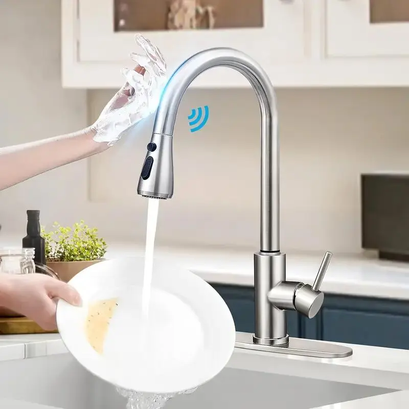 Touch Sensor Kitchen Faucet with Pull Down Sprayer, Single Handle High Arc Touch Activated Pull Out Kitchen Faucets Double Bowl Sink Faucet With Deck Plate, Brushed Nickel, Matte Black