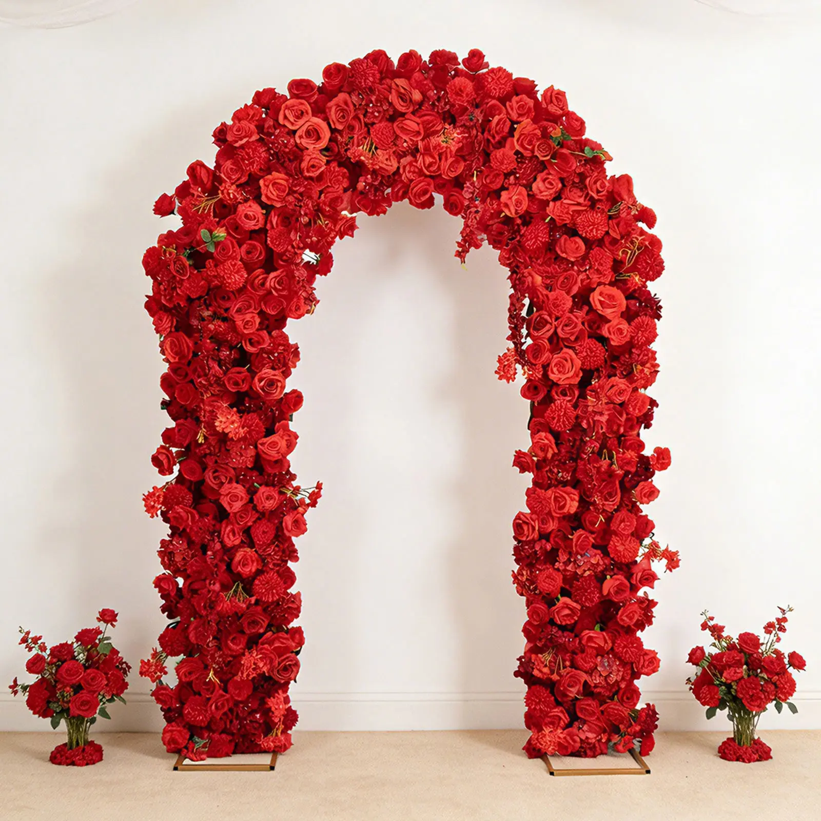 Artificial Flower Arch Backdrop Red 4ft x 8ft Silk Roses, Hydrangeas & Chrysanthemums for Round Top Double Arch Stand