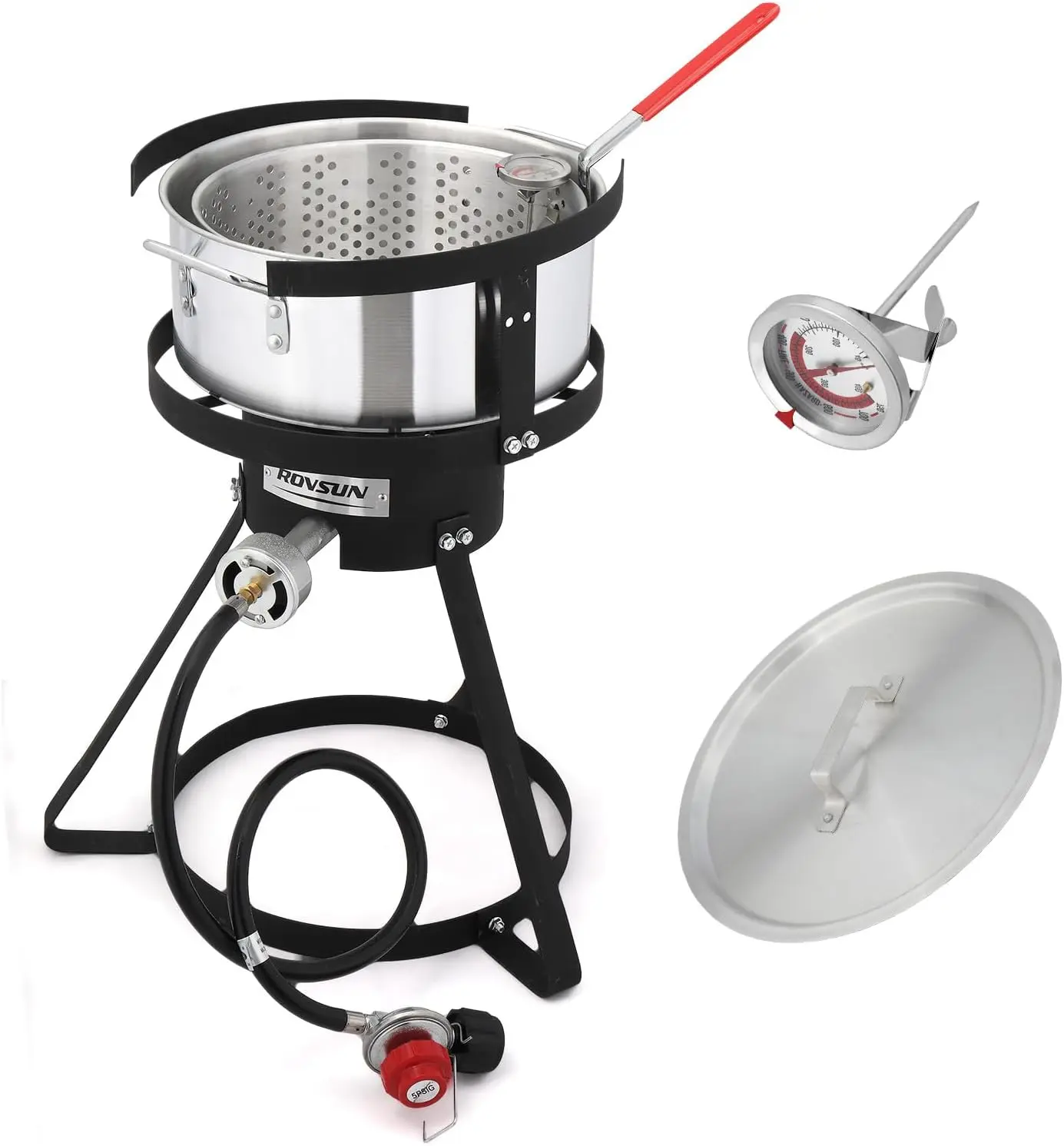 ROVSUN 10Qt Aluminum Fish Fryer Boiler - 55,000 BTU Propane Burner, 6.7Qt Strainer Basket, Thermometer, Lid, Kitchen Appliances for Outdoor Backyard Cooking, Aluminum Pot Wipes Clean Fast
