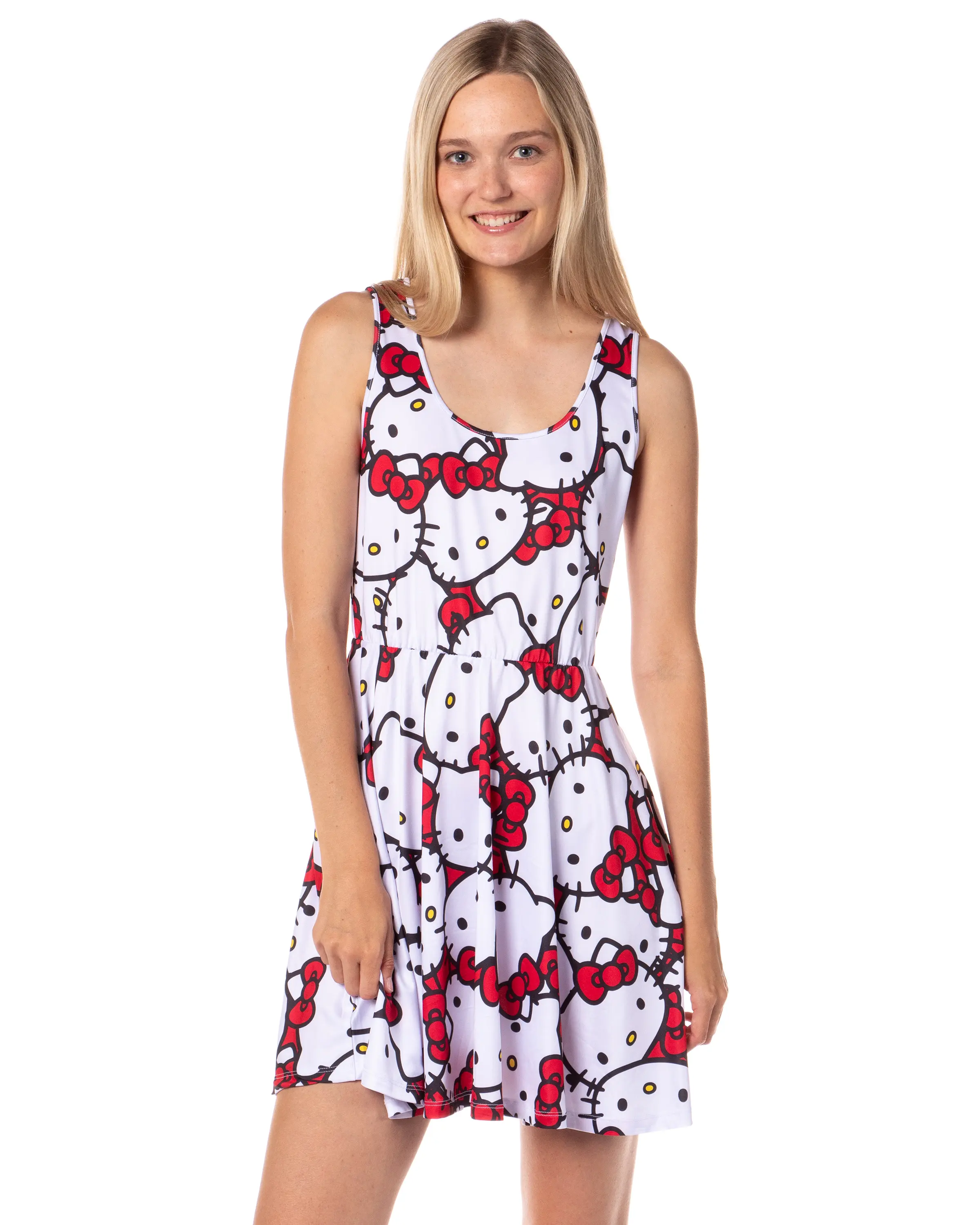Sanrio Hello Kitty Women's Scoop Neck Pull-On A-Line Skater Dress, All-Over Print Casual Wear for Summer, Spring, Pull-On Wear