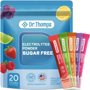 Dr. Thomps Electrolyte Powder Packets, 20-Count Sugar-Free Hydration Packets for Rapid Rehydration, Electrolyte Drink Mix, Travel-Friendly Electrolyte Packs, 5 Flavors, Vegan Formula, Non-GMO.