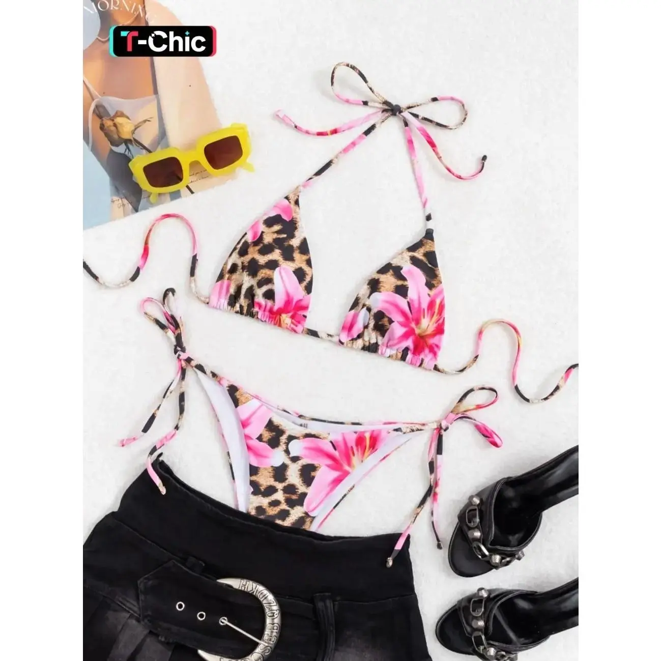 Two-piece Set Women's Floral & Leopard Print Set, Casual Fashion Chic Swimsuit Set for Beach Holiday Vacation, Ladies Swimwear for All Seasons, Bathing Suits, Bikinis Sets 6G8