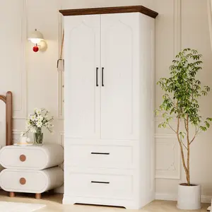 LIKIMIO Armoire Wardrobe Closet 70.9" H,with 2 Doors & 2/3 Drawers,Bedroom Wooden Wardrobe with 3 Hooks & Hanging Rod,Freestanding Closet System