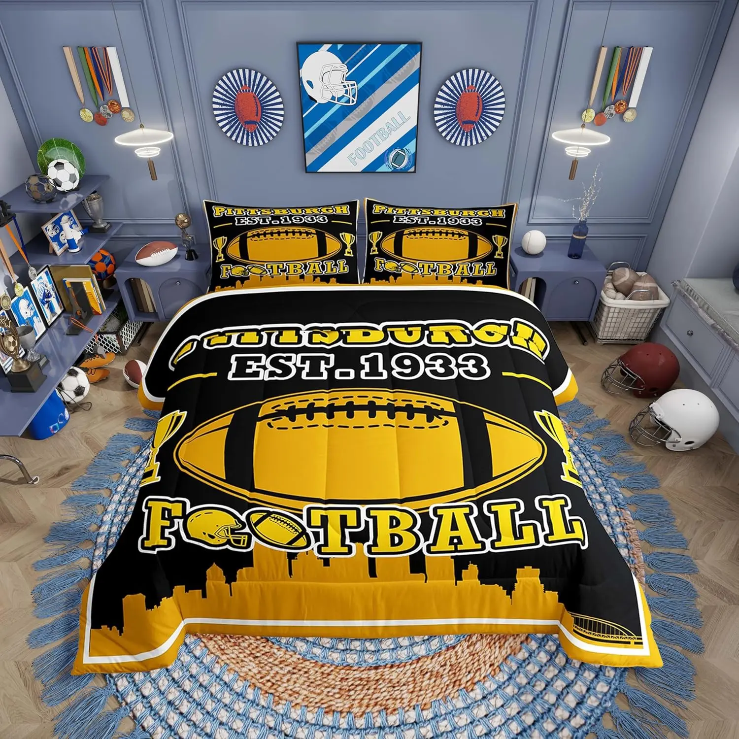 Feelyou Sports-Themed Yellow Black Pittsburgh American Football Print Bedding Set - Breathable Microfibre All-Seasons Comforter with Duvet Insert, Machine Washable Travel-Friendly Queen Size Bed Cover Set for Fans (Multi-Size Options), Set Includes, Trave
