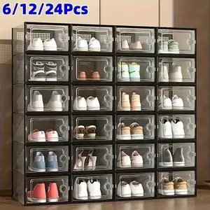 6/12/24pcs Thickened Transparent Shoe Boxes with Lid, Foldable Stackable Free Combination Shoe Rack, Plastic Sneaker Container, Space Saving Storage Organizer for Entryway Bedroom, Home Shoe Box Shoe Racks Shoe Storage Organizer Shelf