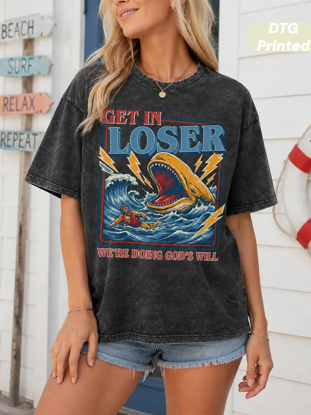 MuseBeau 100% Cotton 240g DTG Printed Men's Unisex Cotton Round Neck Oversized Washed TShirt For Women Jesus Christian Streetwear,Jonah and the Whale Graphic,"Get In Loser We're Doing God's Will" Verse,Faith Humor Fabric Style Religious Gift Summer Outfit