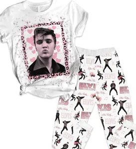 Elvis T-Shirt Pajamas Set for Women - 3D Cotton-like Fabric Short Sleeve & Above Ankle Sweatpants - Elvis Holiday Bridesmaid King Pajamas