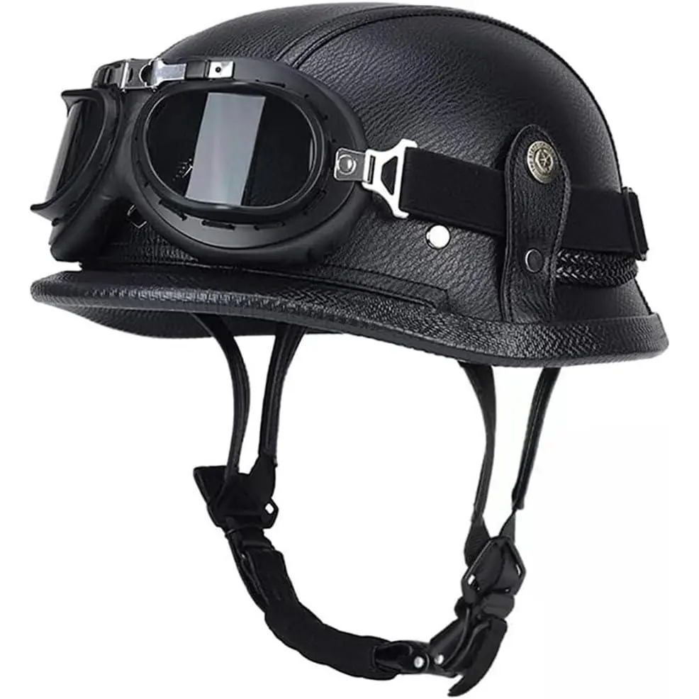German Style Retro Leather Motorcycle Half Helmet Skull Cap - Adjustable Quick Strap for Adult Cruisers, Mopeds, Half Shell Helmet