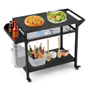 GAOMON Outdoor Grill Cart, Pizza Oven Stand Table with Mesh Racks Dining Cart Table for Outside Patio, Movable Kitchen Cooking Prep Table BBQ Cart with Wheels for Home Party, Bar, Camping, Black Adjustable Shelf