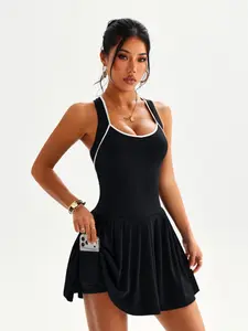 Women's Spring Summer Tennis Yoga Colorblock Activewear Sports Dress Pants Set, Fashion Pleated Short Skirt + Inner Padded Shorts, Breathable Comfort