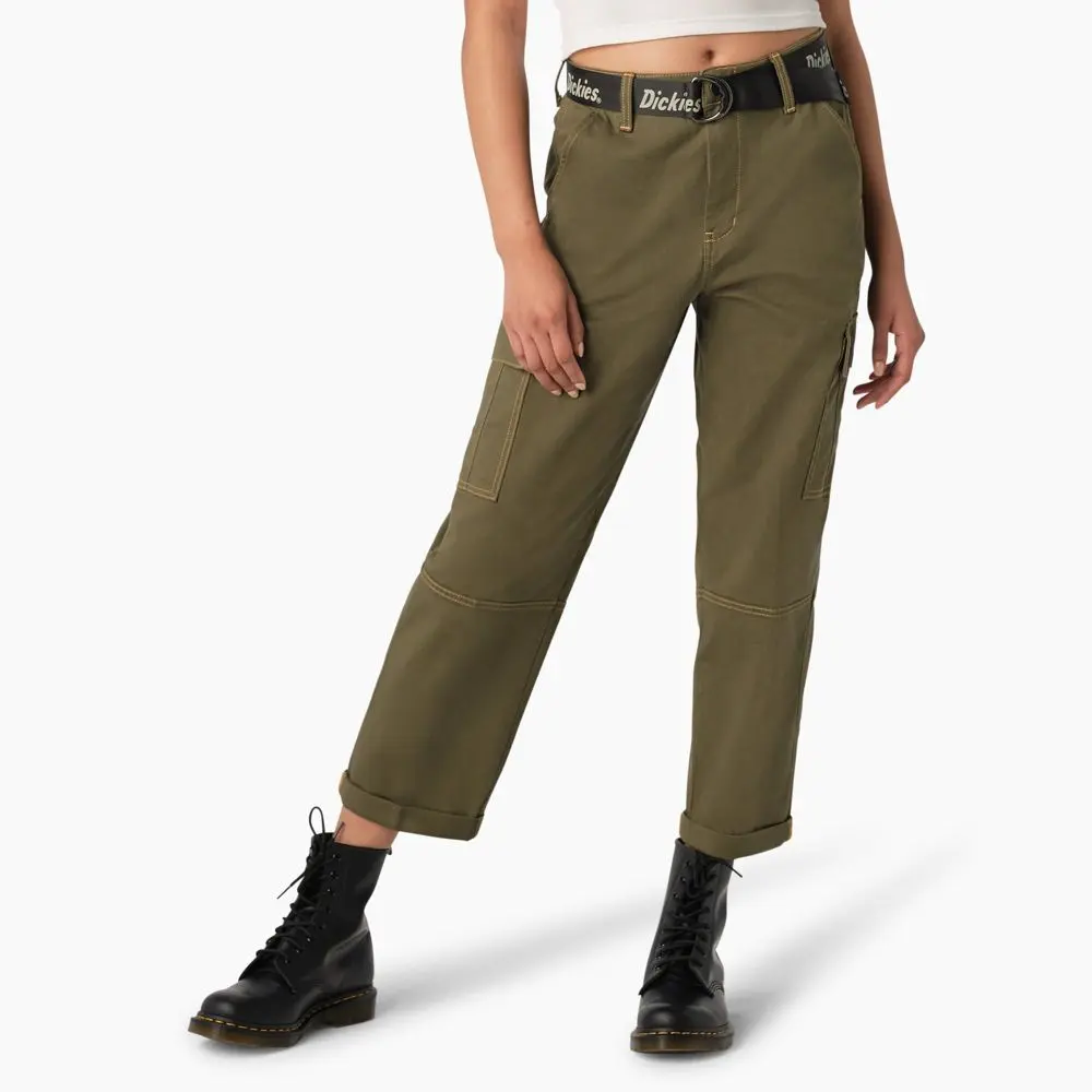 Dickies Women's Relaxed Fit Contrast Stitch Cropped Cargo Pants, Belt, Zipper