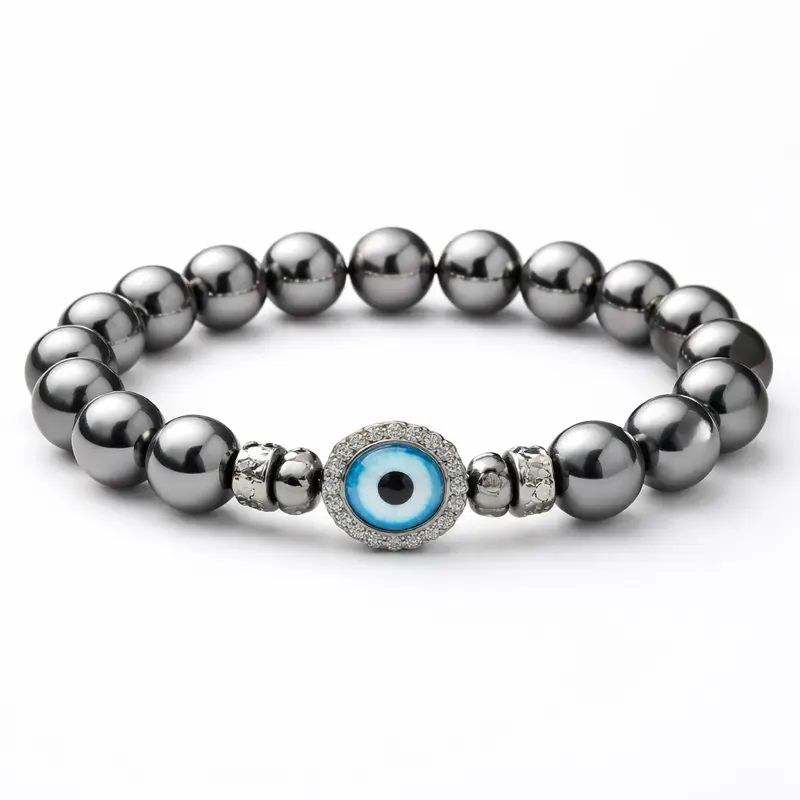 Lily Crystal Evil Eye Beaded Bracelet with Blue Eye Design and Silver Beads for Women