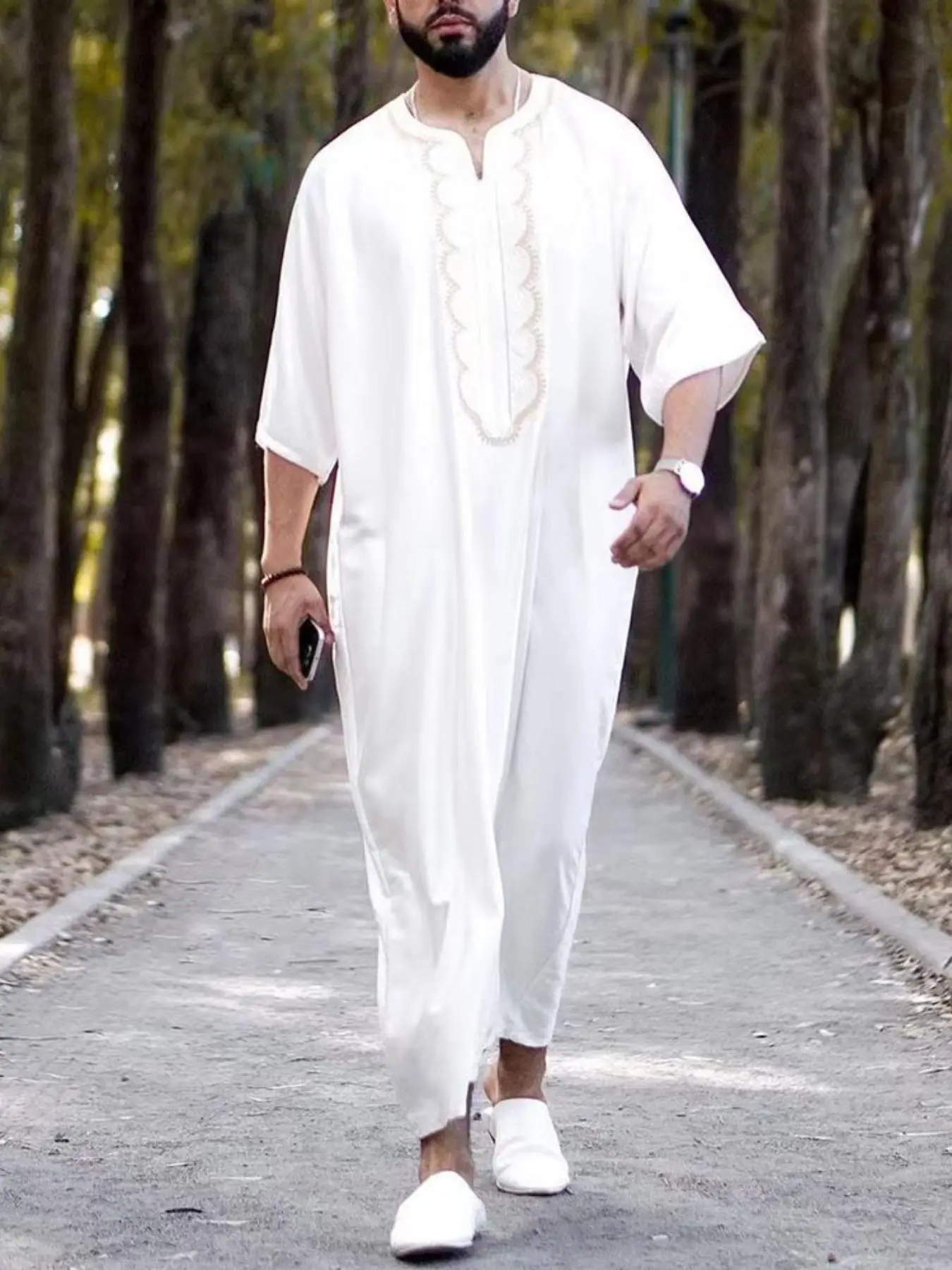 Men's Plain Embroidering Notched Neck Kaftan, Regular Fit Modest Drop Shoulder 3/4 Sleeve Long Dress for Daily Wear, Arabic Clothing for Men