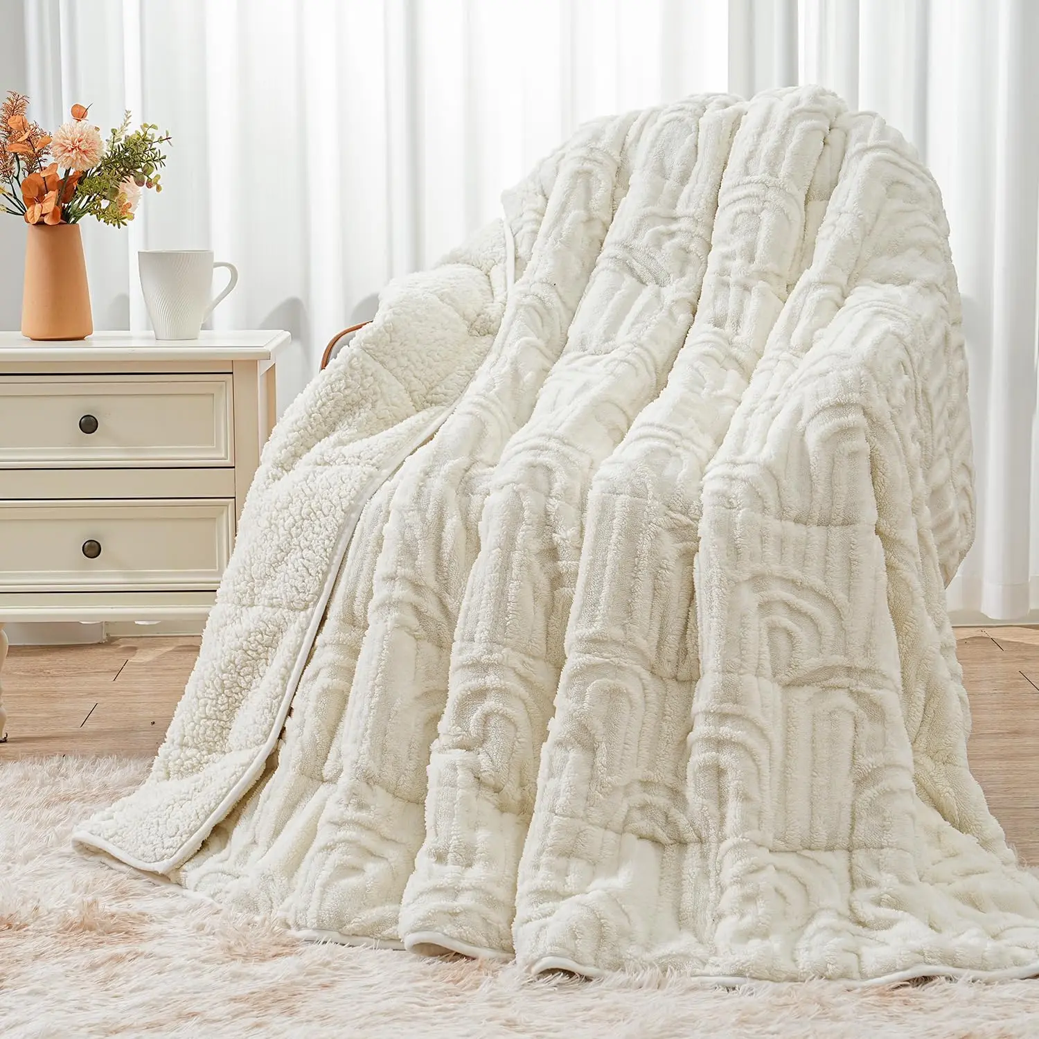 Jacquard Fleece Weighted Blanket  Size 60" x 80" 15lbs, Ultra Soft Cozy Sherpa Weighted Blankets for Adults, Ultra Fuzzy Heavy Blanket for Sleep,  Warm Throw for Bed, Cream White