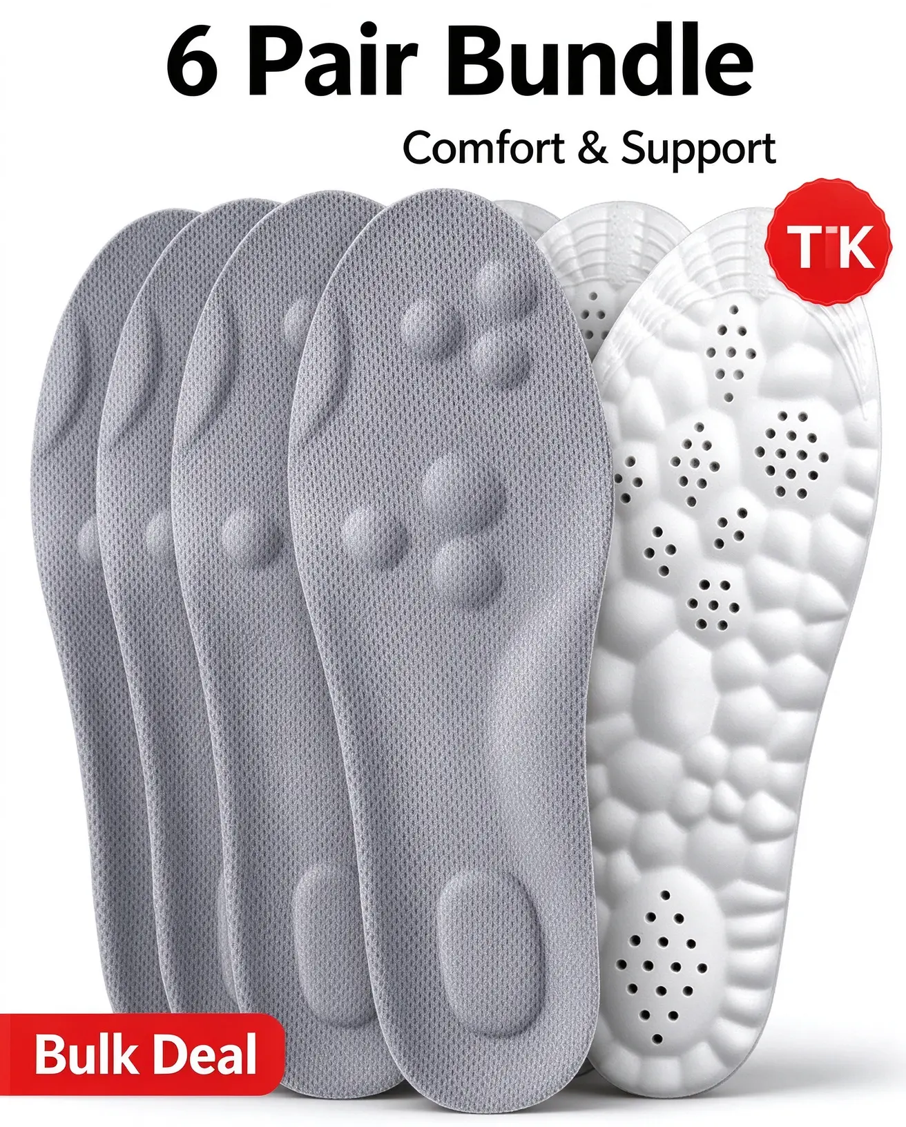 6 Pairs Soft Cloud Foam Insoles for Men & Women, 4D Ergonomic Arch Support Shoe Inserts with Built-in Shock Absorption, Reduce Fatigue and Relieve Foot Pain for Daily Footwear