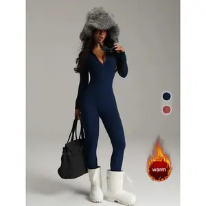 Women’s warm fleece tight winter jumpsuit; yoga shaping dance cycling onesie; zippered skinny jumpsuit; fall and winter innerwear