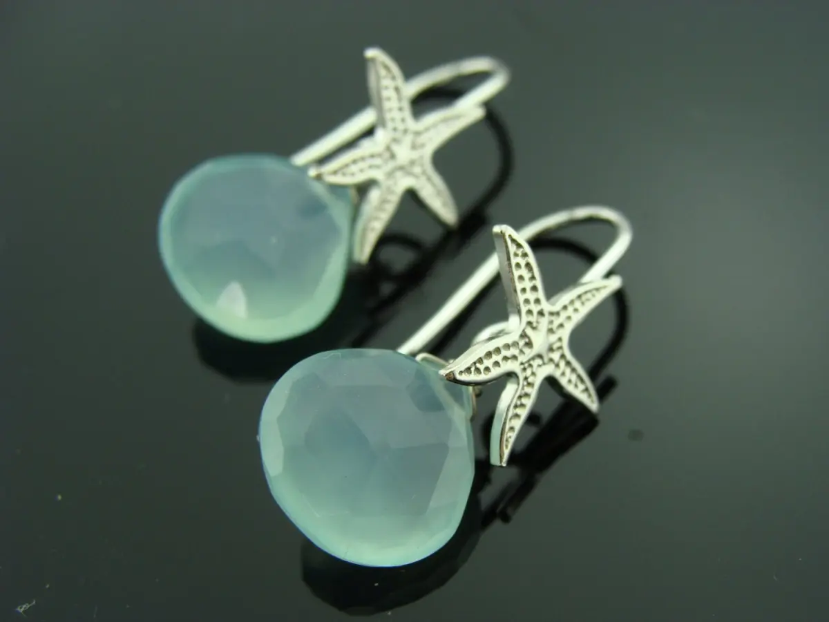 Aqua Blue Chalcedony Starfish Earrings · 925 Sterling Silver · Beach Ocean Jewelry