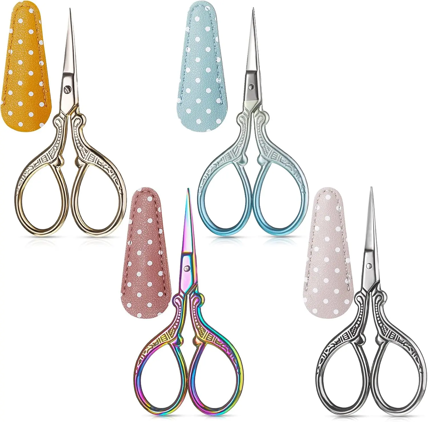 4 Pcs Sewing Embroidery Scissors with 4 Pcs Artificial Leather Cover,3.6 Inch Stainless Steel Stork Scissors Vintage Embroidery for Needlework Manual Sewing Handicraft,Valentine's Day Gifts,Hand Tools Kits