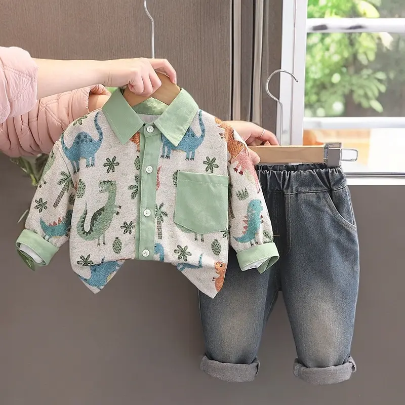 Spring Autumn Boys New Cartoon Dinosaur Collared Shirt & Denim Pants Two-Piece Handsome Outfit for Kids