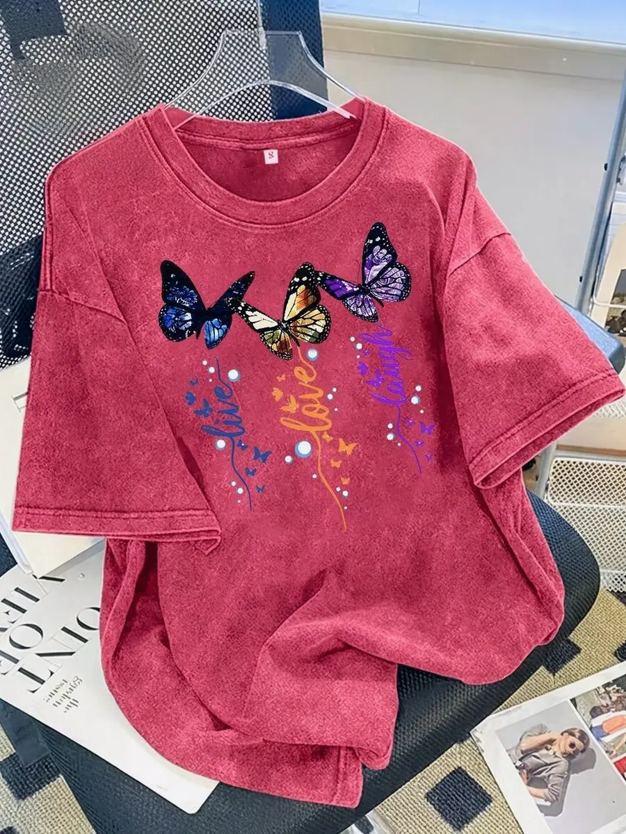 Summer Tops New Vintage Washed Cotton Distressed Short-Sleeve T-Shirt American Style Live Love Laugh Three-Color Butterfly Print Plus Size Women's Top