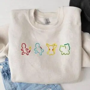 Embroidered Vintage Cartoon Sweatshirt, Trendy Retro Pikachu Crewneck, Squirtle Lover, Gift for Him, Bulbasaur Hoodie, Charmander Pullover