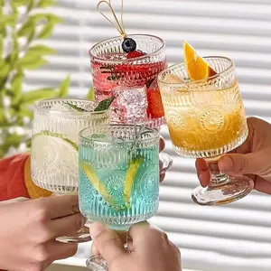 4-Pack Vintage Stem Glasses, 8oz Wine Glasses, Embossed Floral Glassware Set, Clear Drinking Glasses, Drinking Stem Glasses, Bar Iced Tea Glasses, Stylish Drinkware, Suitable for Iced Tea, Wine, Beer, Juice, Cocktails, Whiskey