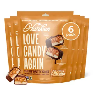 HARKEN, The Lil' Nutty One Fibermaxx Mini Candy Bars - Mini Oat Milk Chocolate Candy Bars with Peanut, Made with Date Caramel, No Sugar Added, High Fiber, Gluten-Free, Plant-Based, 6 Pouches (30 Bars)