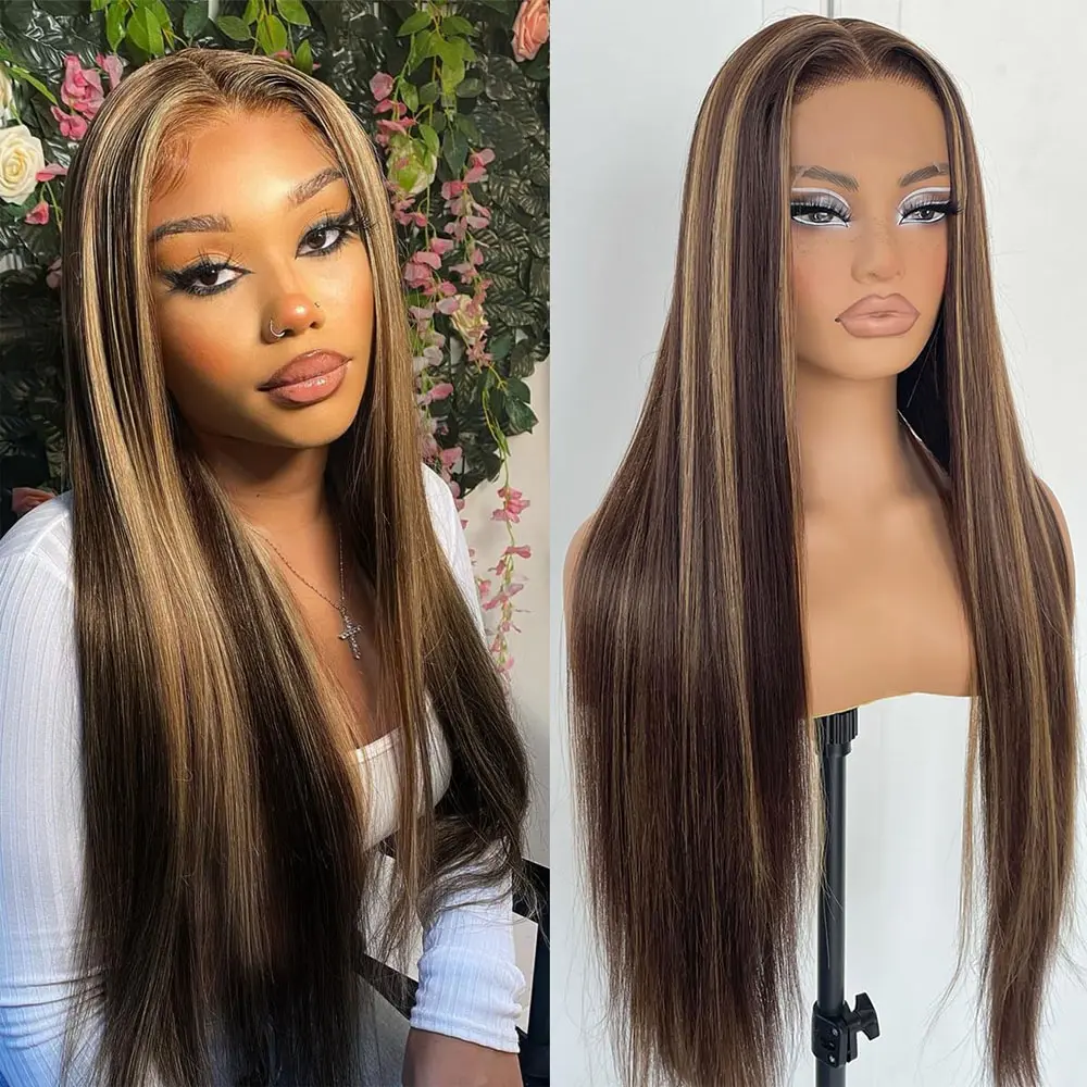 Female 13x4 Brown Highlight Ombre Blend Synthetic Lace Front Wig, 24in Straight Glueless Wig with Pre-Plucked Hairline, Realistic Scalp, Breathable Cap for Daily Wear & Secure Comfort