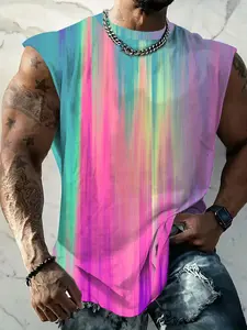 Men's Rainbow Gradient Sleeveless T-Shirt, Summer Trendy Loose Fit Sports Vest, Cool Streetwear Fashion Top, Casual All over Print, Menswear Vibe