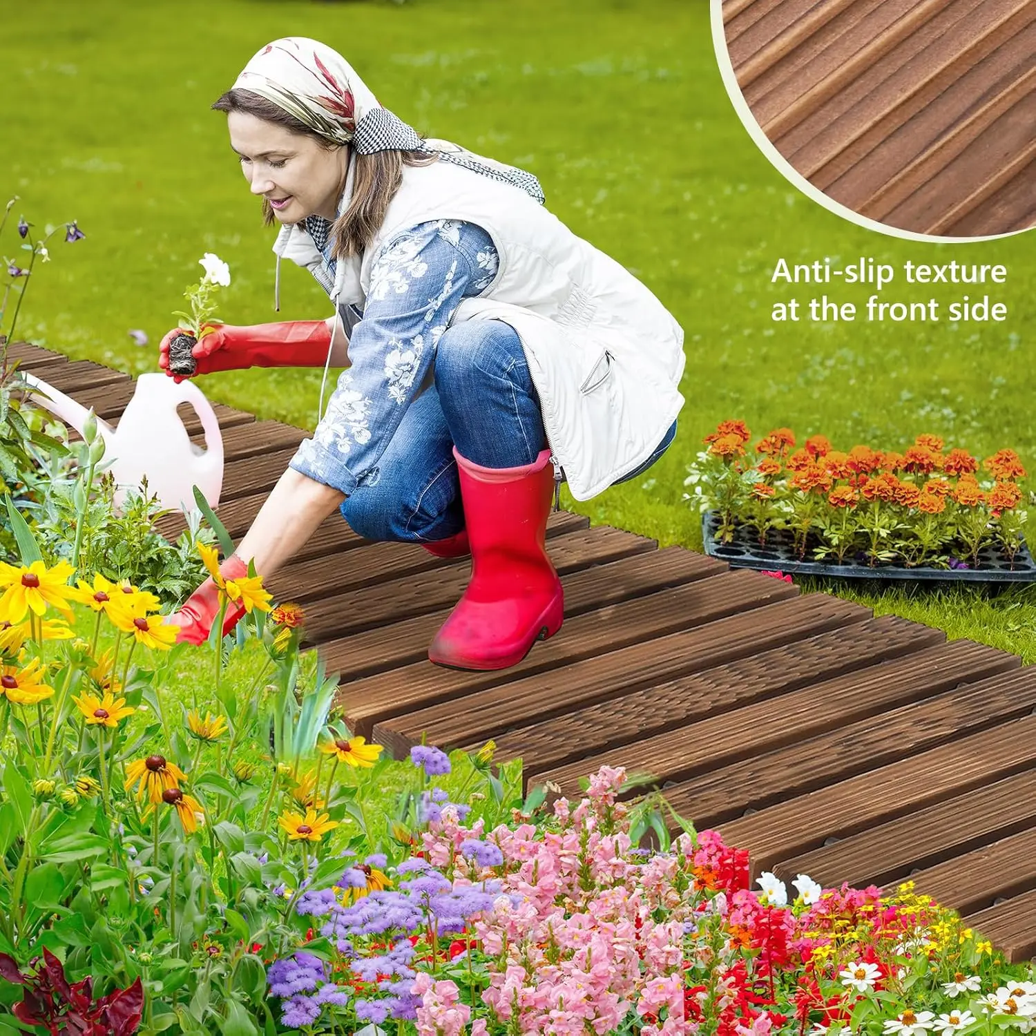 VINGLI Oversized Roll-Out Wooden Plank Garden Pathway (22in W x 8ft L Roll-Out Size), Outdoor Walkway Flooring with Steel Wire, Slip-Safe Footing, Ground Stakes for Patio to Garden, Wedding