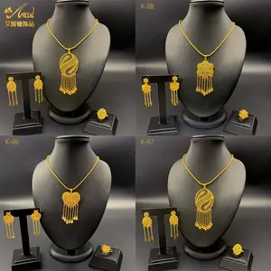 Dubai Indian African Heart-Shaped Necklace Earrings Jewelry Set For Women 24K Gold Plated Nigeria Bridal Wedding Party Jewellery