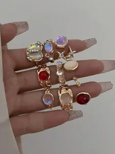 Fashion Vintage Ring Set, Irregular Alloy Rings, Colorful Imitation Crystal Agate Lava Stone Rings, Unisex Jewelry Gift Boxed, Unique Rings