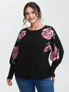 BloomChic Women's Casual Comfy Knit Pullover - Knitwear, Polyester Fabric, Boat Neck, Longsleeves, Floral Batwing, Loose Black Graphic, Supersoft Flat Embroidered Casual Top,Spotlight,Summer wins,Deals for you days
