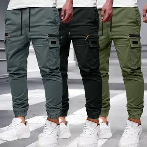 3-pack men’s jogger tactical work pants with multiple pockets, made from durable fabric; suitable for hiking, outdoor activities, and construction work. Men’s casual breathable zippered style, solid-color fashion cargo pants.