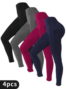 4 pack women's bottom pants with pockets, non transparent high waisted tight yoga pants, exercise running bottom pants, solid color