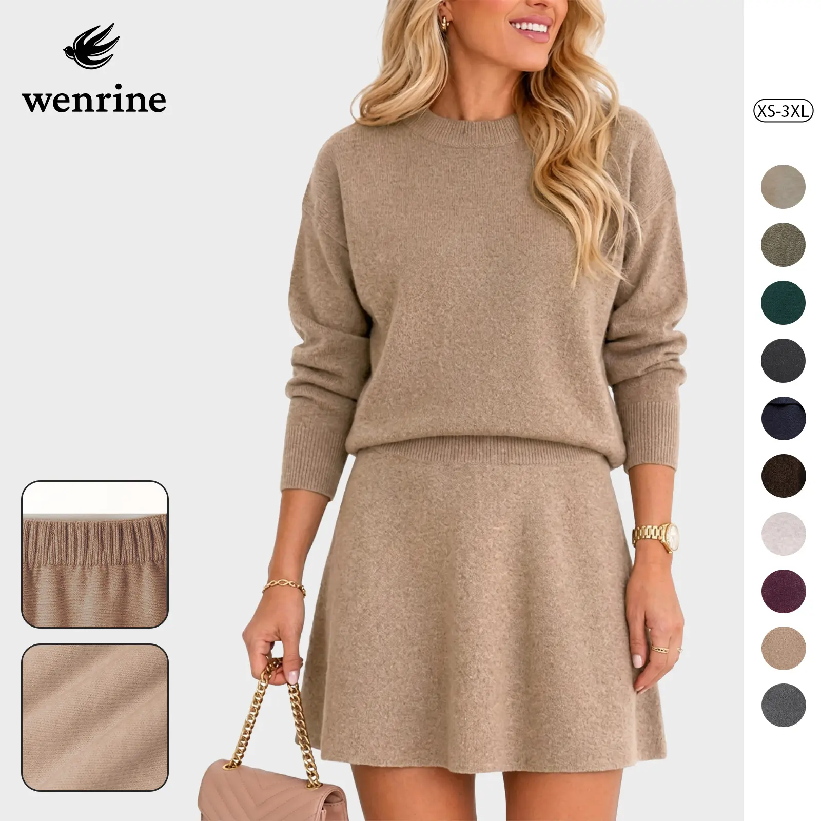 Wenrine Womens 2 Piece Outfits Sweaters Sets Long Sleeve Crewneck Knit Pullover Top and Mini Skirt Casual Fall Winter Clothes
