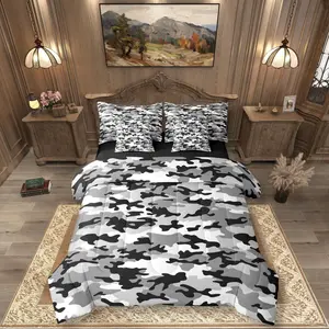Feelyou 7-Piece Grey Camouflage Army Theme Bedding Set - Ultra-Soft Microfiber Luxe Comforter, Flat Sheet, Fitted Sheet, Bed Bag, Multi-Size Set for Kids