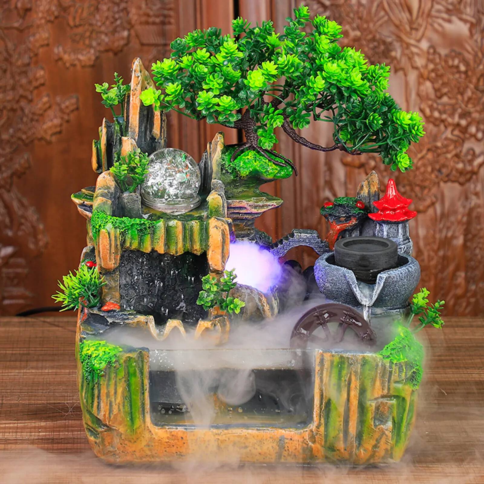 CNCEST Tabletop Traditional Crystal Ball Fengshui LED Light Water Fountain - Compact Resin Rockery Decorative Ornament with Water Pump, Atomizer, Acrylic Mist Maker, Glass Accent, Power Cord, Success-Themed Home Decor for Living Room, Kitchen Desk