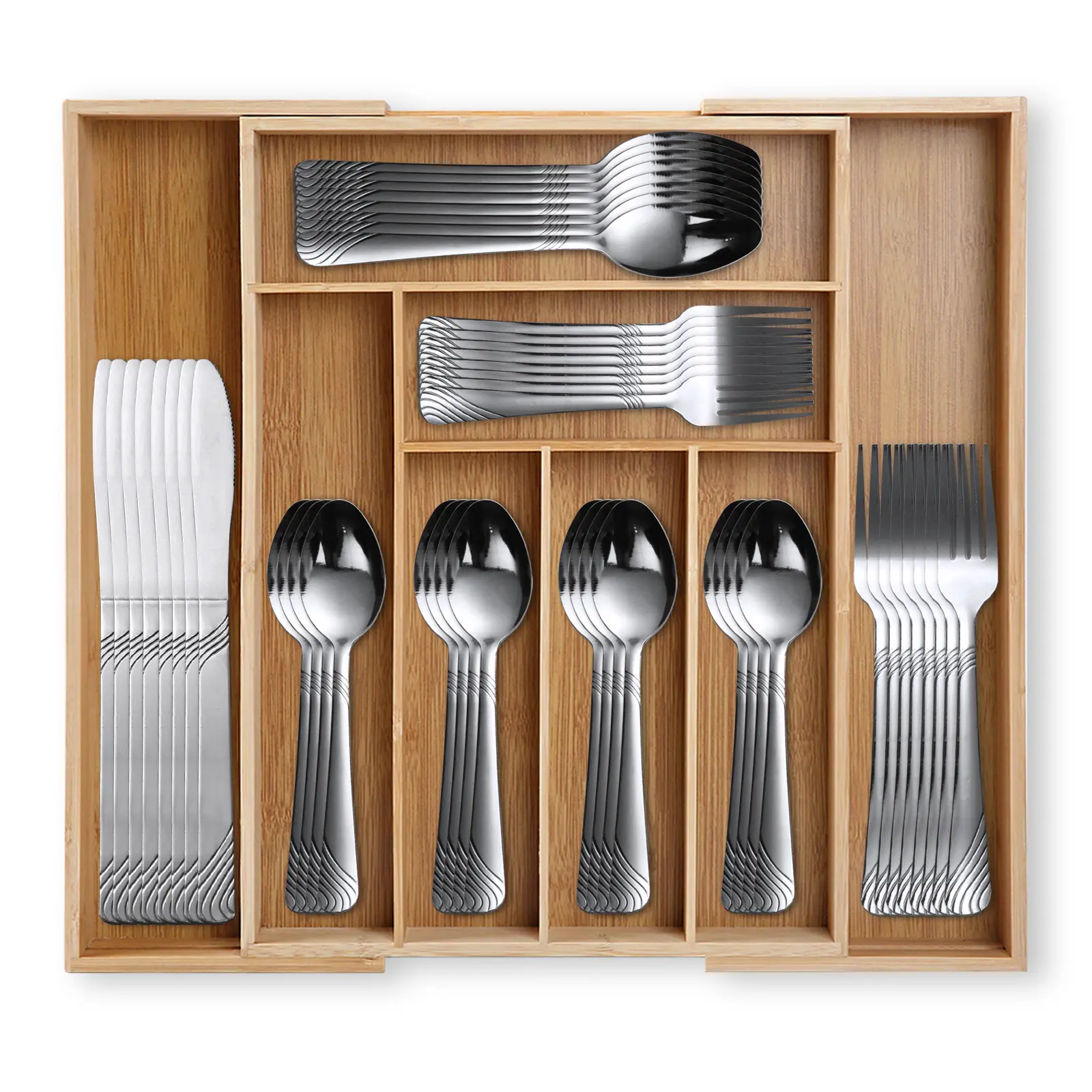 Silver 48PCS Stainless Steel Flatware Set with Forks & Dinnerware for Adults (6-10 People), Everyday Use - Adjustable Bamboo Drawer Organizer, Expandable Polished Edge Cutlery Tray, Durable Tableware Storage, Gift-Ready Kitchen Upgrade