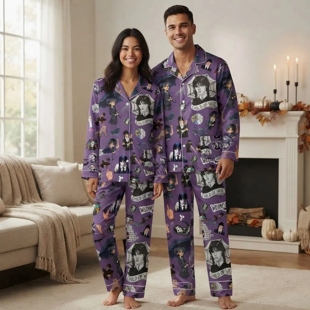Matching Couples Pajamas Set Wednesday Addams Print Purple Long Sleeve PJS