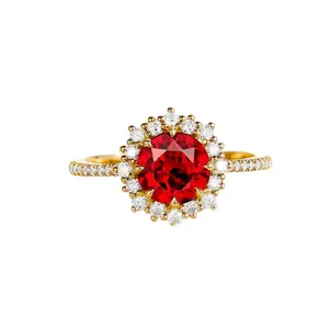 Radiant Round Ruby Halo Engagement Ring Yellow Gold - Vintage Moissanite Sparkle July Birthstone Promise Ring, Dainty Bridal Wedding Band, 1 Ct Lab-Grown Ruby Halo, Custom Handmade Solid-Gold Anniversary Gift, Personalized Engagement Jewelry for Women