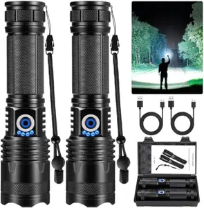 2 Pack Strong Flashlights - LED Digital Display of Power, USB Rechargeable, Zoomable, IP65 Waterproof, Adjustable Brightness, 5 Modes Super Bright Handheld Torch Flashlights, High Lumens Tactical Laser Flashlights for Outdoor Emergency Signaling & Camping